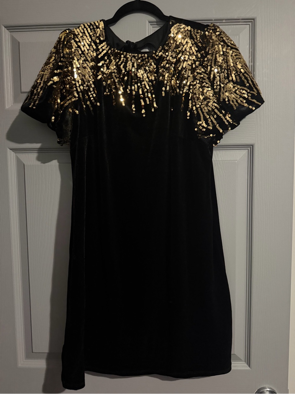 Black Velvet Mini Dress with Gold Sequin Yoke